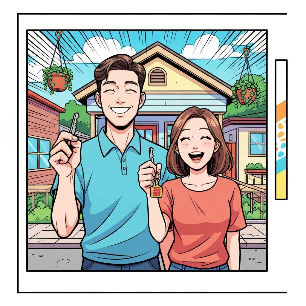 행복한 한국인 가족 이사 완료 만화 일러스트